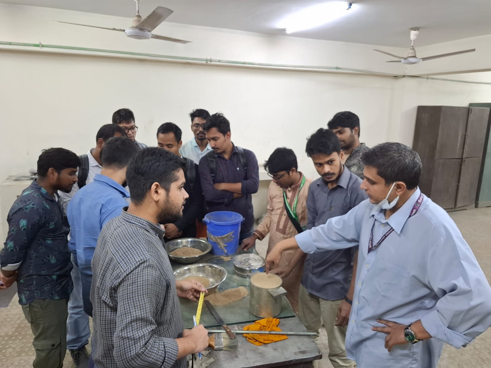 Soil mechanics testing equipment like sieves and hydrometers