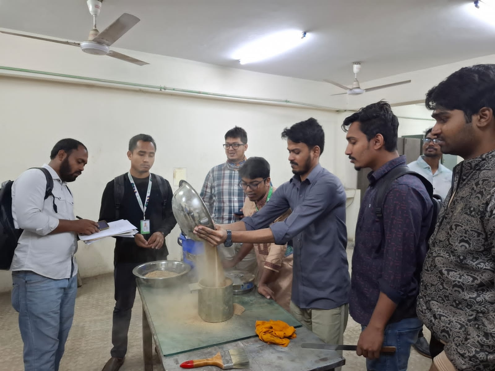 Soil mechanics testing equipment like sieves and hydrometers