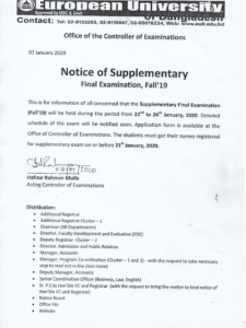 Notice of Supplementary Final Exam Fall-2019